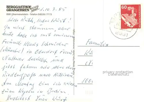 AK / Ansichtskarte Obermaiselstein Berggasthof Grasgehren Terrasse Gaststube Zimmer Obermaiselstein