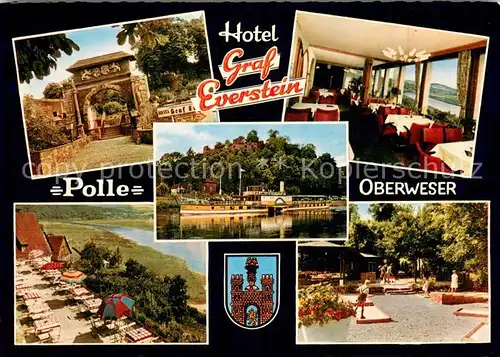 AK / Ansichtskarte Polle_Oberweser Hotel Graf Everstein Gastraum Terrasse Minigolf Faehre Polle_Oberweser