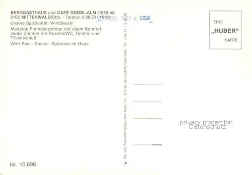 AK / Ansichtskarte Mittenwald_Bayern Berggasthaus und Cafe Groebl Alm Mittenwald Bayern