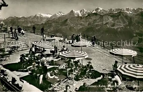 AK / Ansichtskarte Niesen_Kulm Sonnenterrasse mit Eiger Moench und Jungfrau Berner Alpen Niesen Kulm