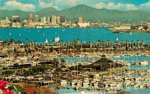 AK / Ansichtskarte San_Diego_California Harbor and modern skyline viewed from Point Loma across Shelter Island Marina 