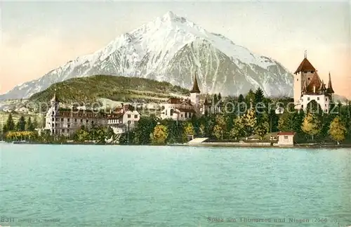AK / Ansichtskarte Spiez_Thunersee_BE Ansicht vom See aus Kirche Niesen Berner Alpen Spiez_Thunersee_BE