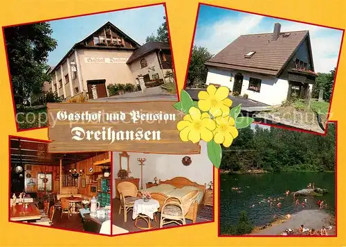 AK / Ansichtskarte Loessnitz_Erzgebirge Gasthof Dreihansen Pension Gastraum Fremdenzimmer Badesee Loessnitz Erzgebirge