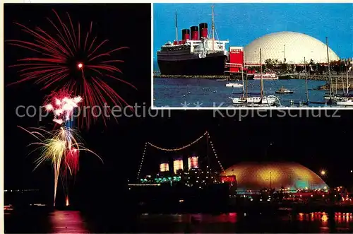 AK / Ansichtskarte Long_Beach_California Oceanliner Queen Mary Feuerwerk Hafen Nachtaufnahme 