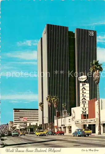 AK / Ansichtskarte Hollywood_California World Famous Sunset Boulevard Paladium Skyscraper Hollywood California