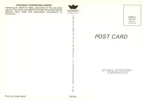 AK / Ansichtskarte Cincinnati_Ohio Convention Center honoring Dr. Albert B. Sabin Cincinnati Ohio