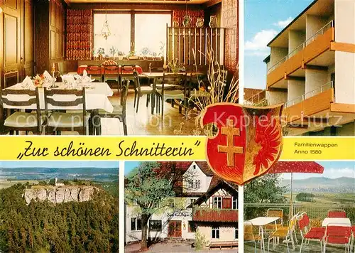 AK / Ansichtskarte Romansthal_Oberfranken Gasthof Zur schoenen Schnitterin Familienwappen Landschaftspanorama Romansthal_Oberfranken