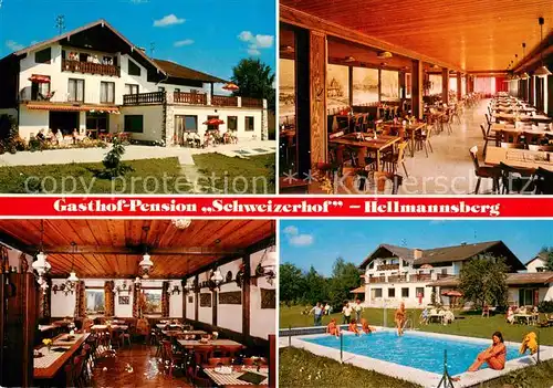 AK / Ansichtskarte Hellmannsberg_Waging_See Gasthof Pension Schweizerhof Gastraeume Pool Hellmannsberg_Waging_See