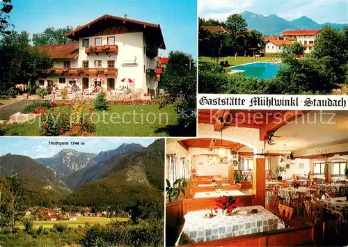 AK / Ansichtskarte Staudach_Oberbayern Bergcafe Gaststaette Muehlwinkl Freibad Panorama Hochgern Gastraum Staudach Oberbayern