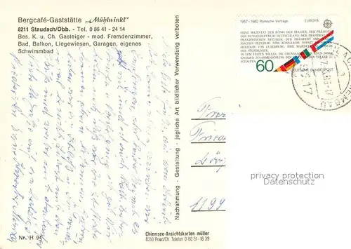 AK / Ansichtskarte Staudach_Oberbayern Bergcafe Gaststaette Muehlwinkl Freibad Panorama Hochgern Gastraum Staudach Oberbayern