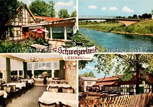 AK / Ansichtskarte Liebenau_Nienburg Waldgaststaette Schweizerlust Gastraeume Terrasse Bruecke Liebenau Nienburg