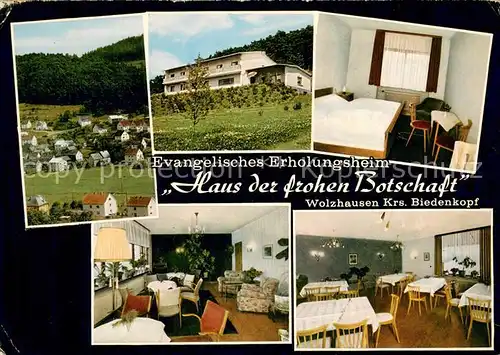 AK / Ansichtskarte Wolzhausen Ev Erholungsheim Haus der frohen Botschaft Gastraeume Zimmer Panorama Wolzhausen