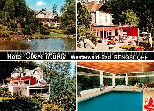 AK / Ansichtskarte Bad_Rengsdorf Hotel Obere Muehle Terrasse Schwanenteich Hallenbad Bad_Rengsdorf