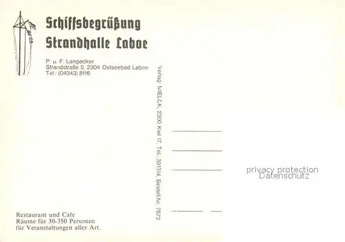 AK / Ansichtskarte Laboe Schiffsbegruessung Strandhalle Laboe Details Laboe