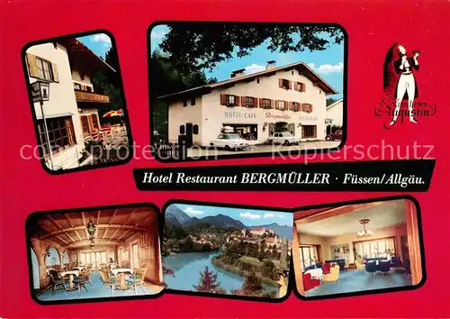 AK / Ansichtskarte Fuessen_Allgaeu Hotel Restaurant Bergmueller Gastraeume Panorama Fuessen Allgaeu