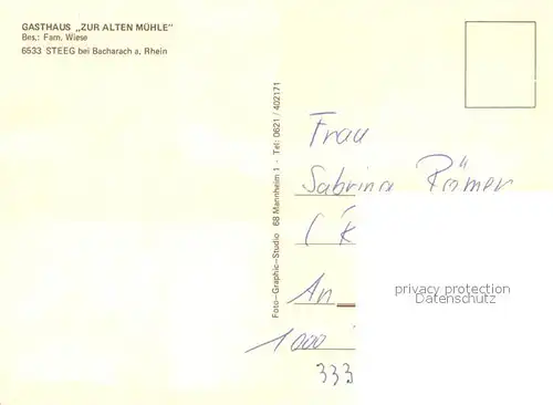 AK / Ansichtskarte Steeg_Bacharach Gasthaus zur Alten Muehle Gastraeume Zimmer Steeg Bacharach