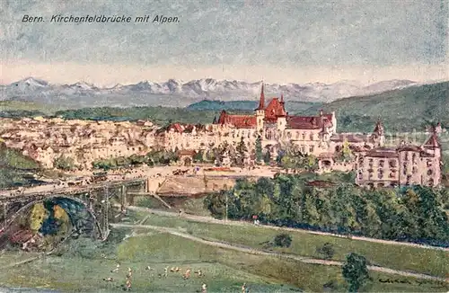 AK / Ansichtskarte Bern_BE Panorama Kirchenfeldbruecke Alpen Kuenstlerkarte Bern_BE