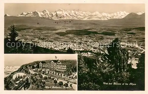 AK / Ansichtskarte Bienne_Biel Panorama et les Alpes Hotel Bellevue Zahnradbahn 