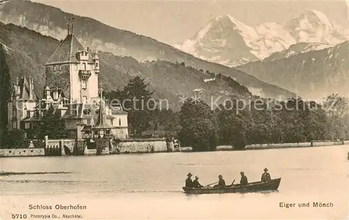 AK / Ansichtskarte Oberhofen_Thunersee Schloss mit Blick zu Eiger und Moench Berner Alpen Oberhofen Thunersee