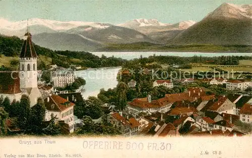AK / Ansichtskarte Thun_BE Ortsansicht mit Kirche Thunersee Alpen Thun_BE