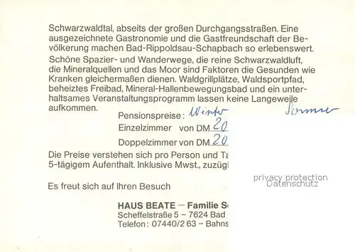 AK / Ansichtskarte Bad_Rippoldsau Schapbach Haus Beate Gaestezimmer Gaststube Bad_Rippoldsau Schapbach