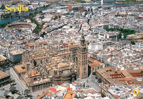 AK / Ansichtskarte Sevilla_Andalucia La Catedral y La Giralda Fliegeraufnahme Sevilla_Andalucia
