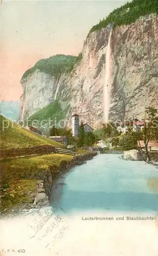 AK / Ansichtskarte Lauterbrunnen_BE Ortsmotiv mit Staubbachfall Wasserfall Alpen Lauterbrunnen BE