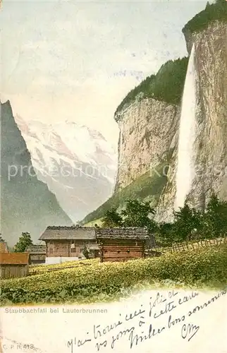 AK / Ansichtskarte Lauterbrunnen_BE Ortsmotiv mit Staubbachfall Wasserfall Alpen Lauterbrunnen BE