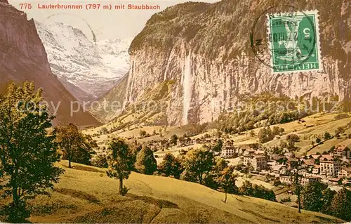 AK / Ansichtskarte Lauterbrunnen_BE Panorama mit Staubbach Wasserfall Alpen Lauterbrunnen BE