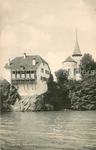 AK / Ansichtskarte Spiez_Thunersee_BE Kirche Ansicht vom See aus Spiez_Thunersee_BE