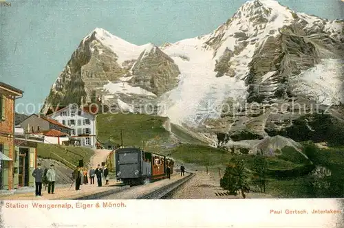 AK / Ansichtskarte Wengen__BE Station Wengernalp mit Eiger und Moench Berner Alpen Zahnradbahn 