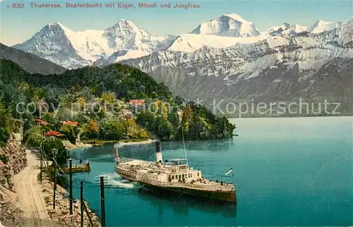AK / Ansichtskarte Beatenberg Thunersee Dampfer Beatenbucht mit Eiger Moench Jungfrau Berner Alpen Beatenberg