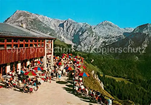 AK / Ansichtskarte Koenigssee Berggaststaette Jennerbahn Sonnenterrasse mit Schneibstein und Rainersberg Koenigssee