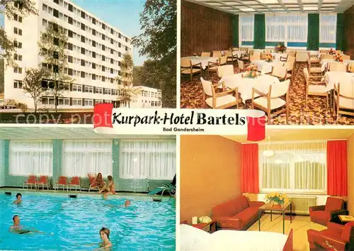 AK / Ansichtskarte Bad_Gandersheim Kurpark Hotel Bartels Speisesaal Hallenbad Zimmer Bad_Gandersheim
