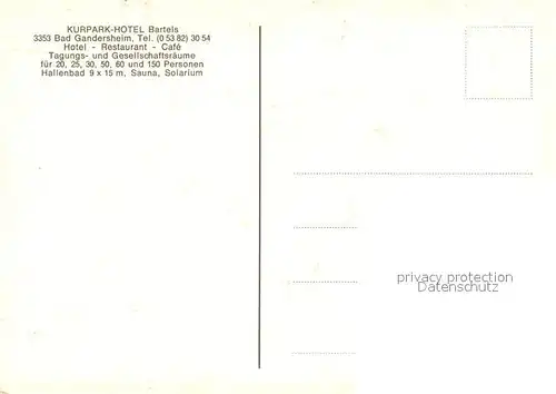 AK / Ansichtskarte Bad_Gandersheim Kurpark Hotel Bartels Speisesaal Hallenbad Zimmer Bad_Gandersheim