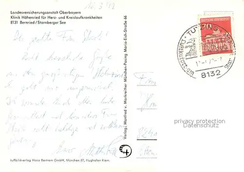 AK / Ansichtskarte Bernried_Starnberger_See Klinik Hoehenried der LVA Oberbayern Fliegeraufnahme Bernried_Starnberger_See