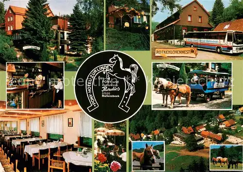 AK / Ansichtskarte Osterode_Harz Pony Hotel Zur Linde Bar Gaststube Fliegeraufnahme Pferdebus Rotkehlchennest Osterode_Harz