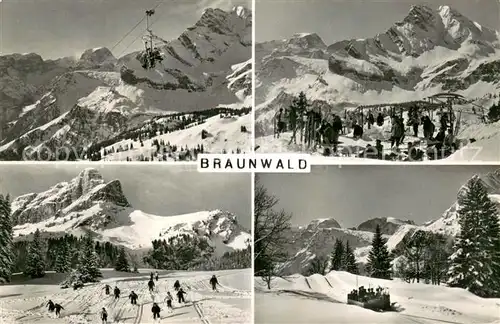 AK / Ansichtskarte Braunwald_GL Sessellift Panorama Skipiste Braunwald GL