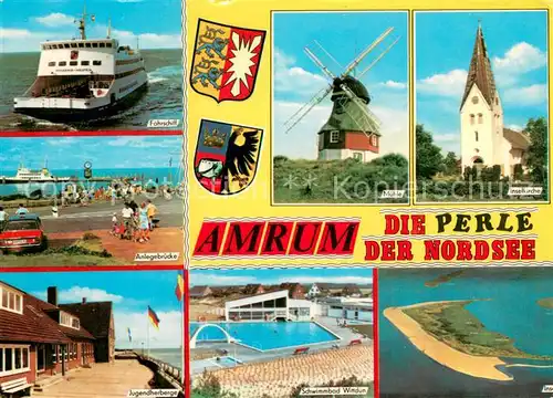 AK / Ansichtskarte Amrum Inselkirche Muehle Faehrschiff Anlegebruecke Jugendherberge Schwimmbad Amrum