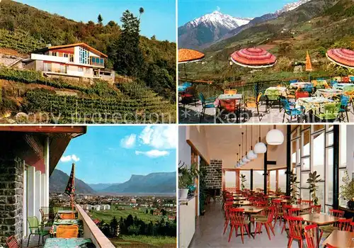 AK / Ansichtskarte Meran_Merano Cafe Unterweger Teilansichten m. Aussicht Meran Merano