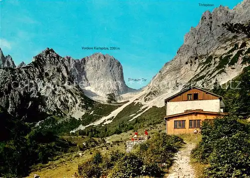 AK / Ansichtskarte Gaudeamushuette im Wilden Kaiser mit Vorderer Karlspitze Toerlspitzen und Weg zur Ellmauer Tor Gaudeamushuette
