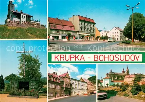 AK / Ansichtskarte Krupka Koman vizka Stred mesta Pamatnikobetem pochodu smrti Domy u muzea Bohosudovsky klaster Krupka