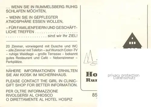 AK / Ansichtskarte Rummelsberg Hotel Hospiz Aussenansicht m. Hotel Informationen Rummelsberg