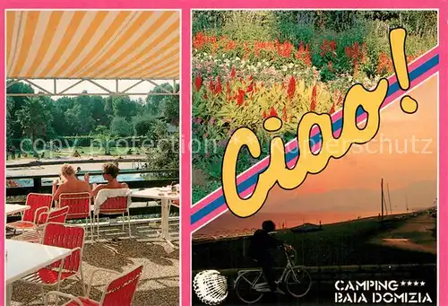 AK / Ansichtskarte Baia_Domizia Campingplatz Cafe Terrasse Swimming Pool Strand Sonnenuntergang Baia Domizia