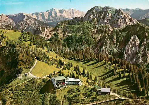 AK / Ansichtskarte Schwangau Tegelbergbahn Schwangau Fuessen Bergstation mit Zugspitze und Straussberg Fliegeraufnahme Schwangau