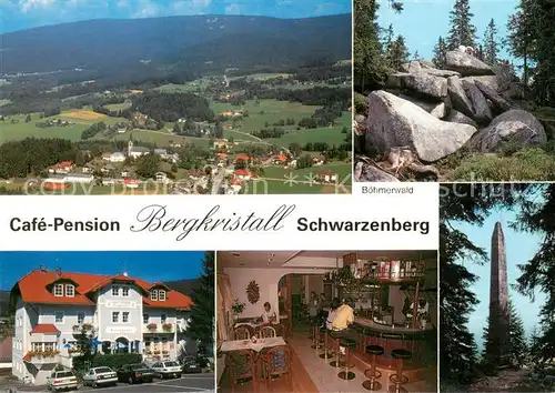AK / Ansichtskarte Schwarzenberg_Boehmerwald Cafe Pension Bergkristall Bar Panorama Felsen im Boehmerwald Schwarzenberg Boehmerwald