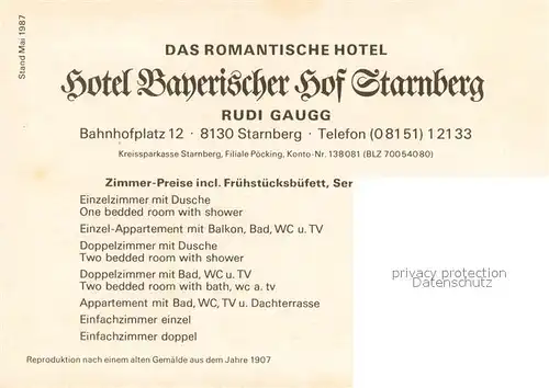 AK / Ansichtskarte Starnberg Hotel Bayerischer Hof Kuenstlerkarte Reproduktion nach einem Gemaelde aus dem Jahre 1907 Starnberg