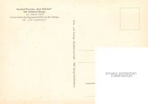 AK / Ansichtskarte Kelheim Historische Ausflugsgaststaette Zum Kloesterl Uferpartie an der Donau Kelheim