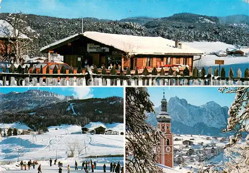 AK / Ansichtskarte Kastelruth_Suedtirol Restaurant Skipiste Kirche Kastelruth_Suedtirol