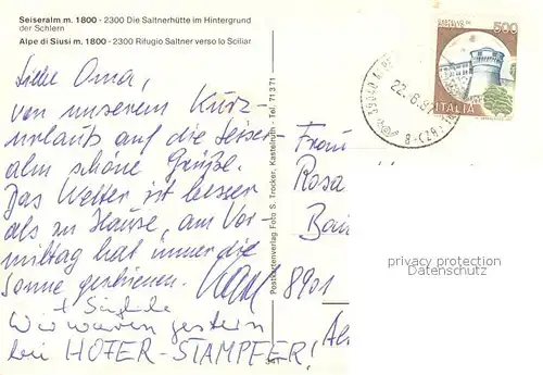 AK / Ansichtskarte Seiseralm_Chiemgau Saltnerhuette mit Schlern Seiseralm Chiemgau